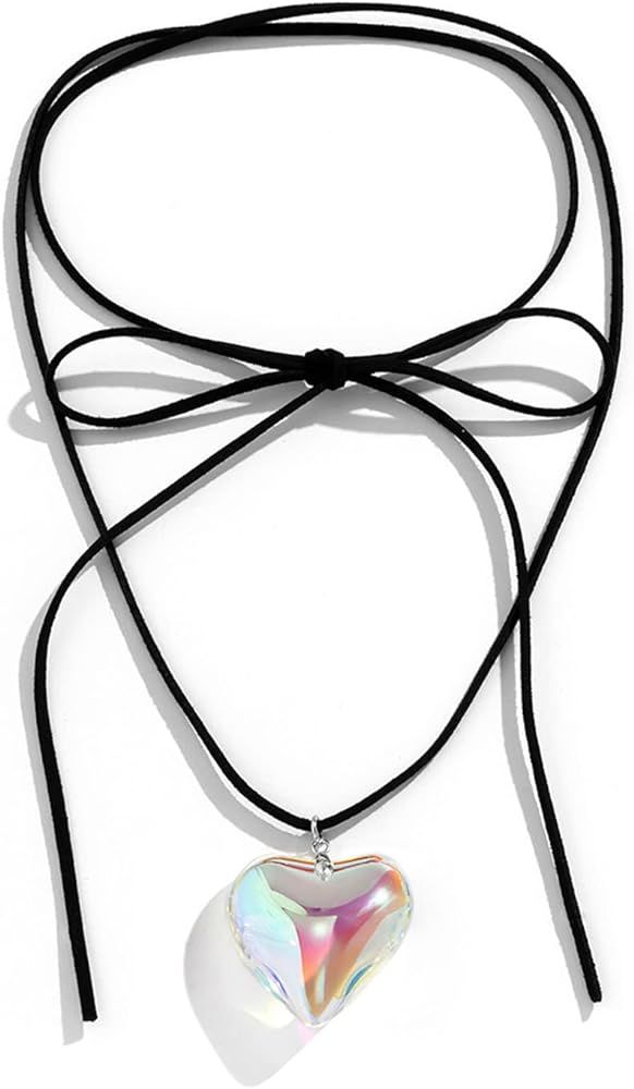 Womens Puffed Heart String Necklace Long Wrap Tie Choker Silver Gold Heart Bubble Pendant Jewelry | Amazon (US)