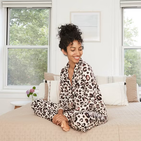 Women's Animal Print Beautifully Soft Long Sleeve Notch Collar Top and Pants Pajama Set - Stars A... | Target