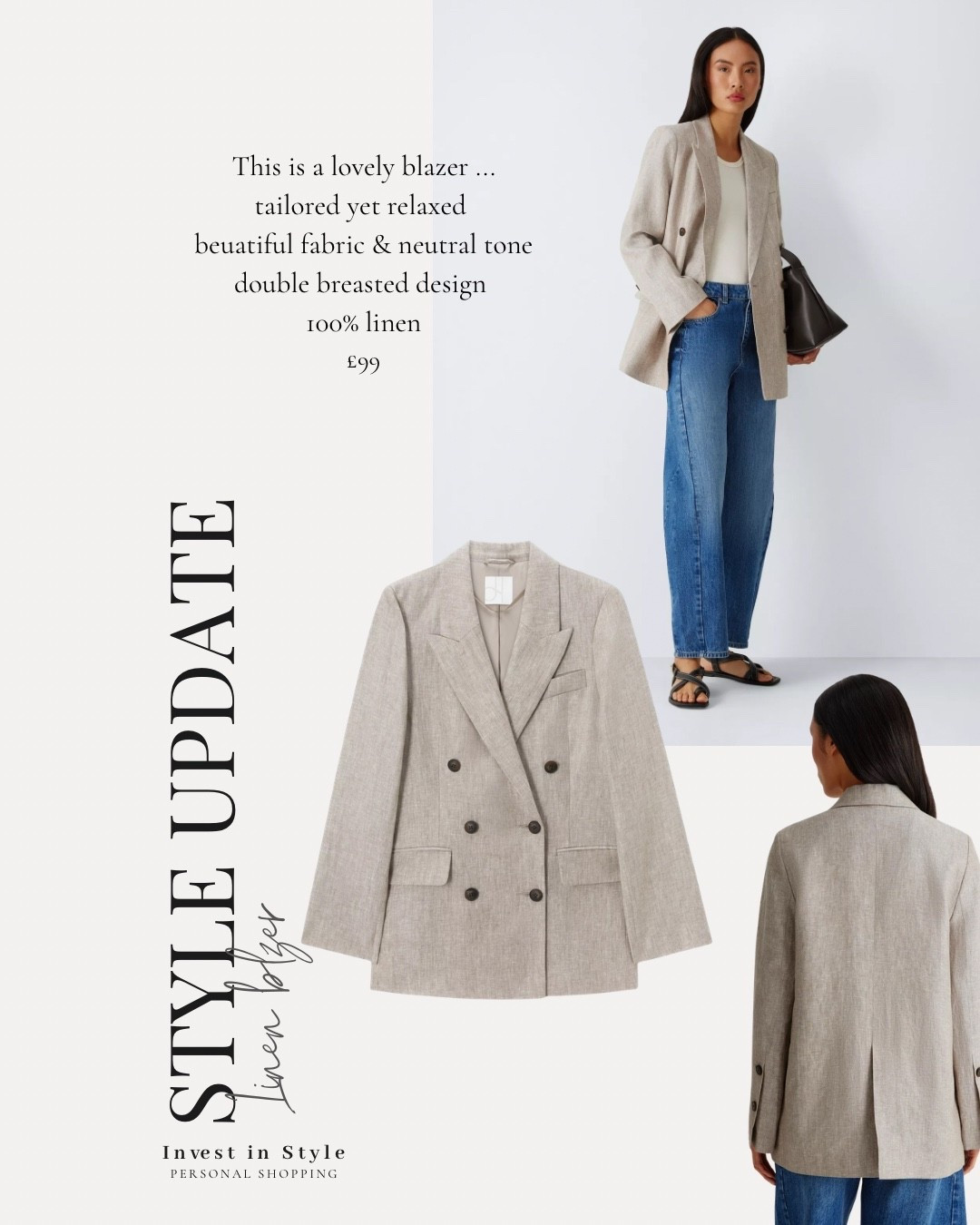 This is lovely blazer 
100% linen 
Double breasted relaxed silhouette 
Looks stylish and is great quality. 
True to size (easy relaxed fit ) 
Great shade for working with lots of other pieces . 
20% off today 

#LTKworkwear #LTKspring #LTKsummer