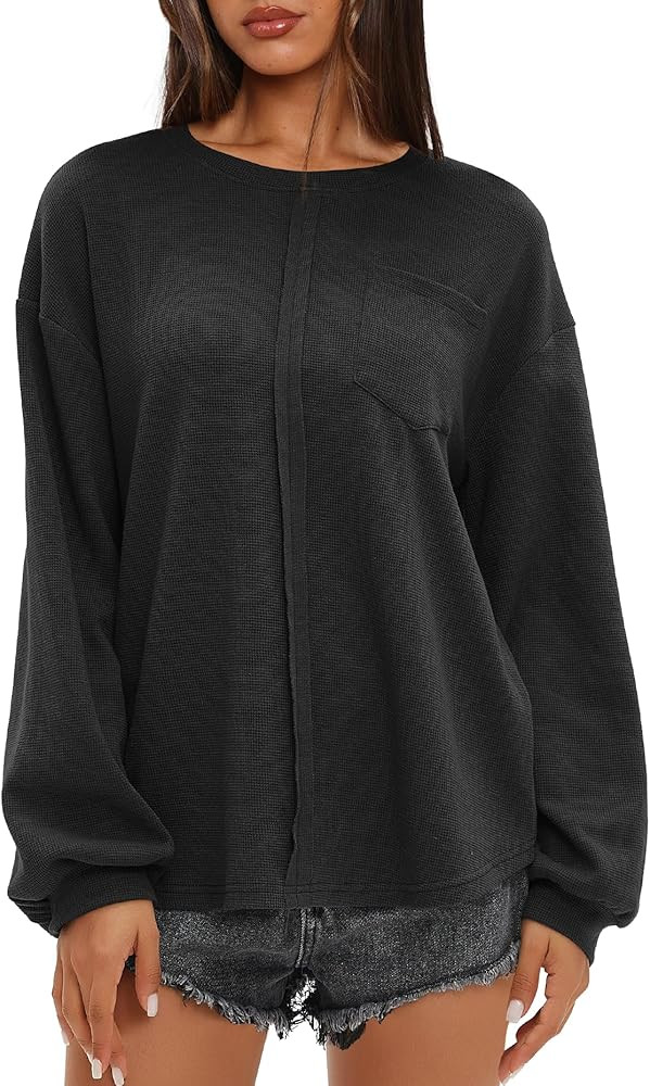 Darong Women Long Sleeve Crew Neck Waffle Knit Tunic Top Shirts Solid Color Loose Casual T Shirts | Amazon (US)