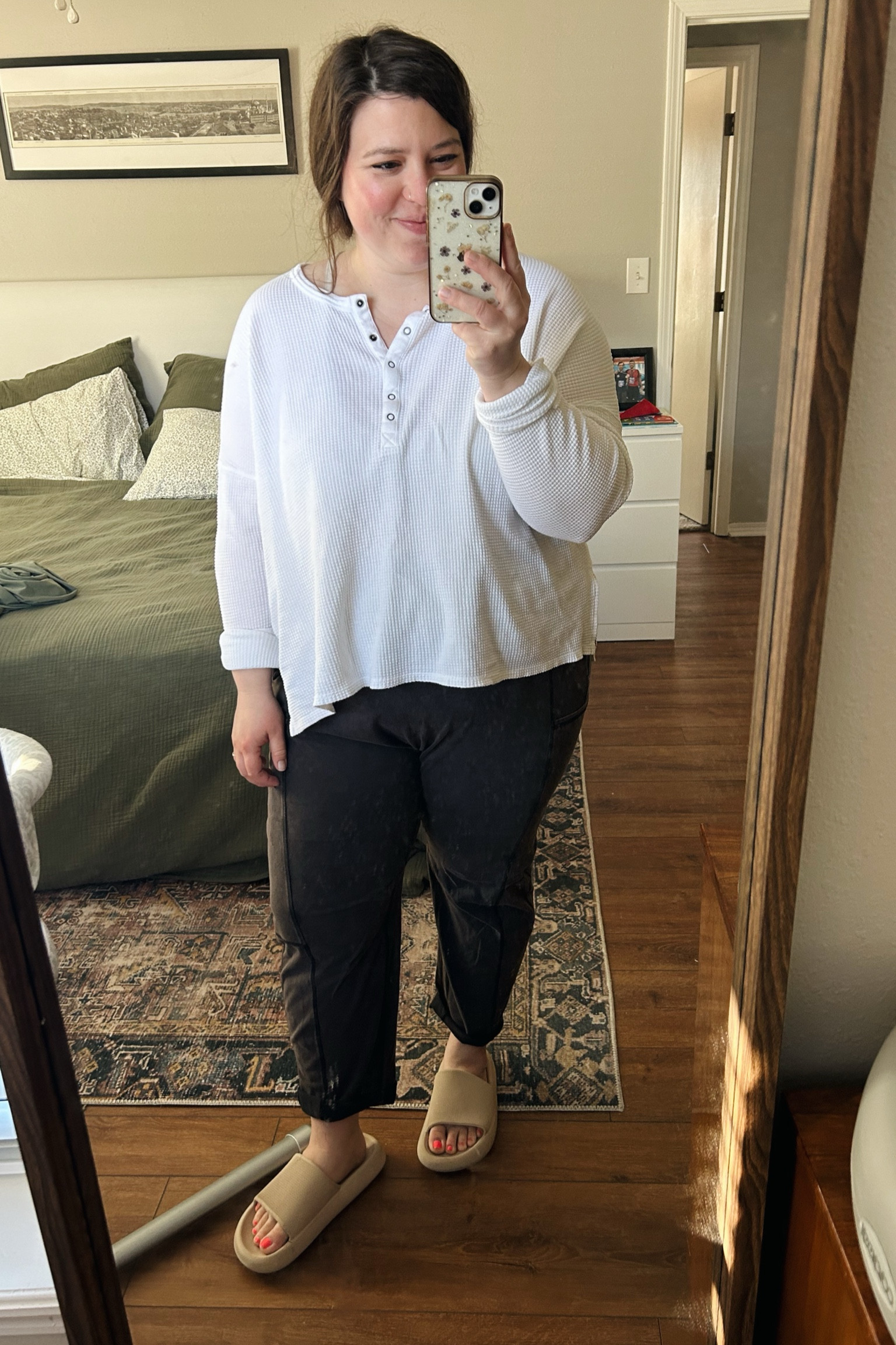 the MOST comfy pants - I’m in XL + my fav house shoes 