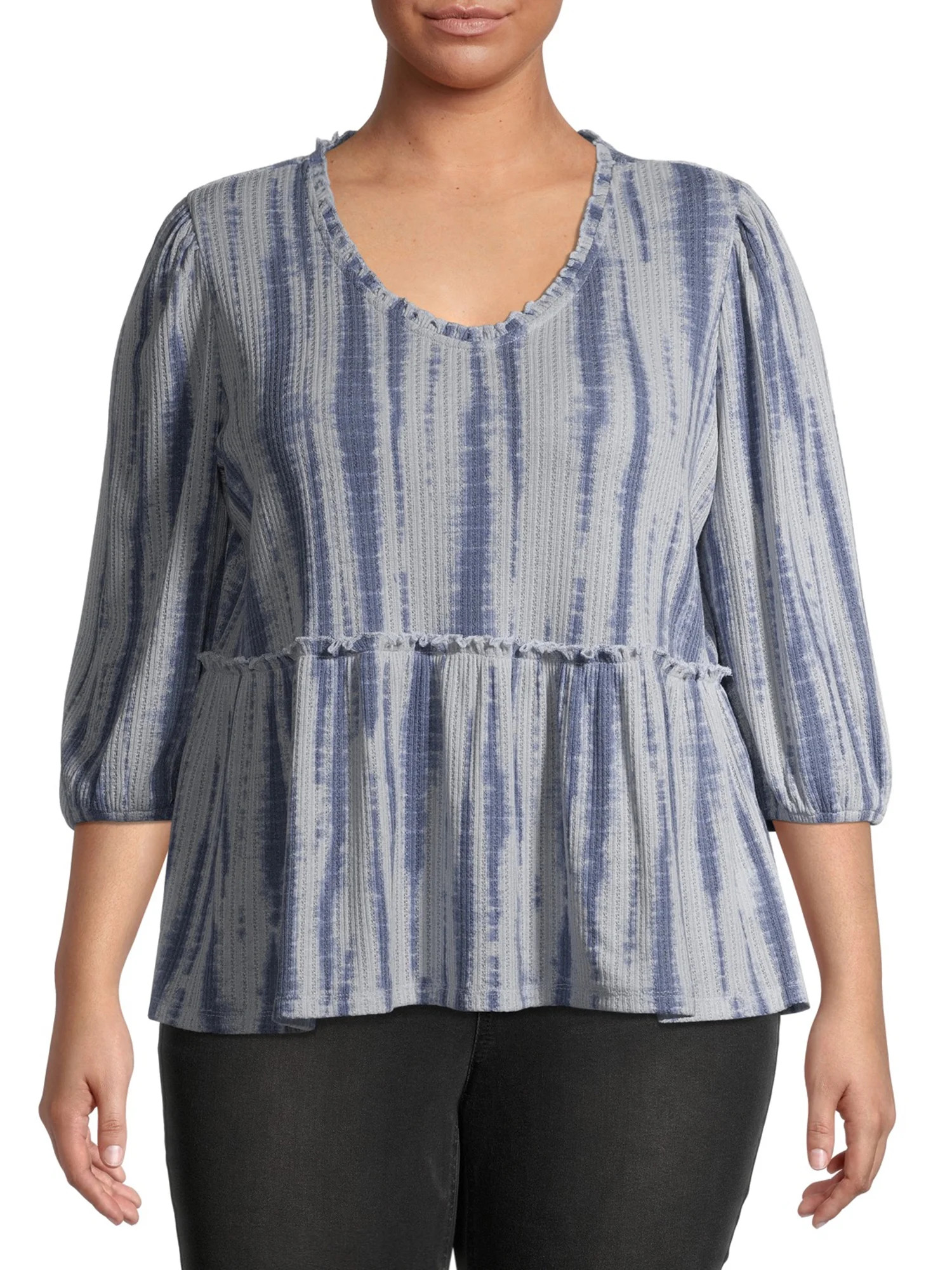 Como Blu Women's Plus Size Tie-Dye V-Neck Ruffle Edge Peplum Top | Walmart (US)