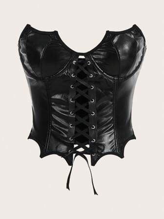Goth Lace Up Front PU Tube Top | SHEIN