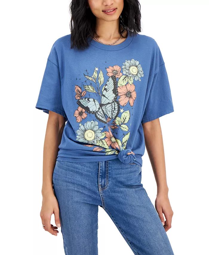 Juniors' Floral Butterfly Short-Sleeve T-Shirt | Macys (US)