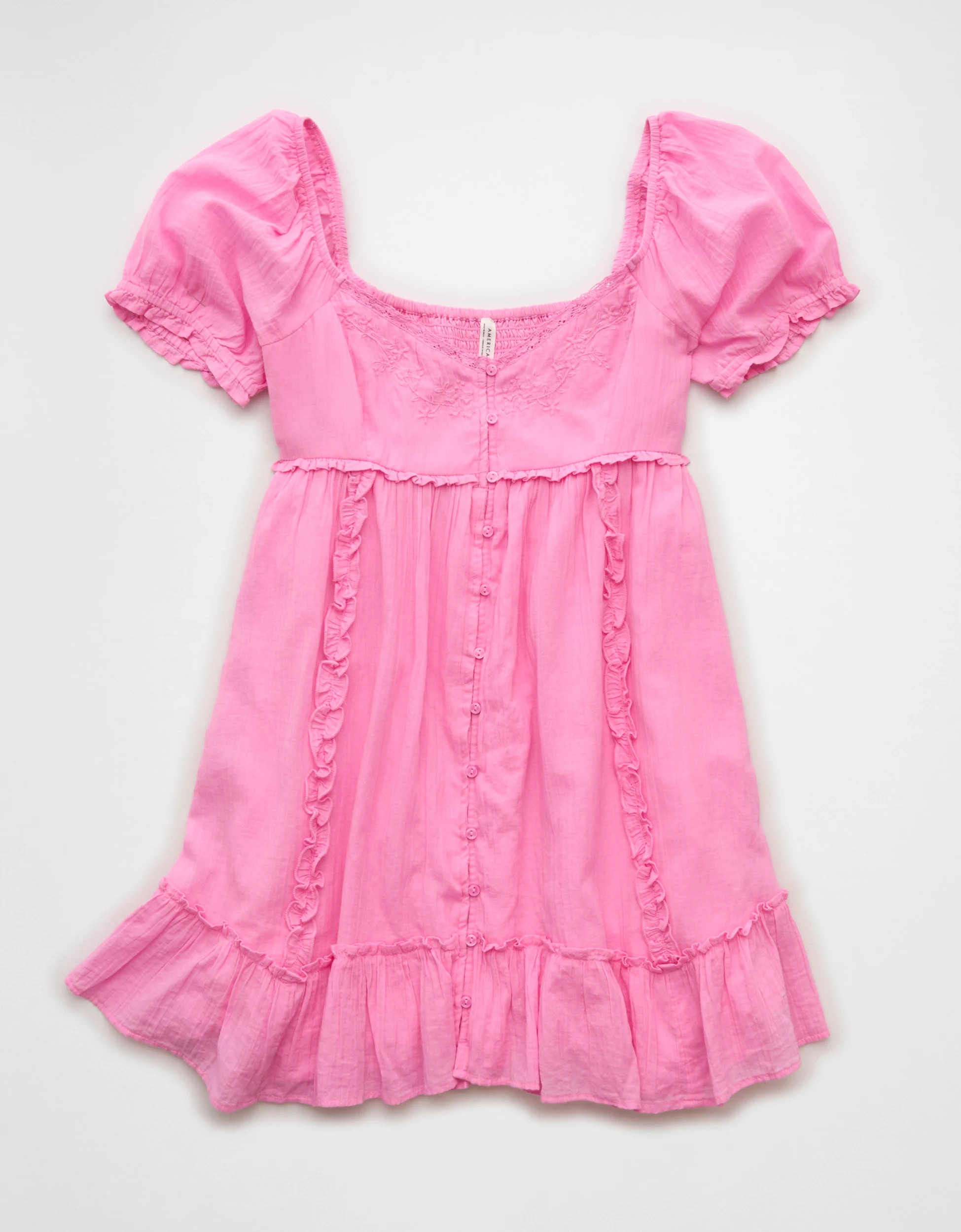 AE Babydoll Puff-Sleeve Embroidered Mini Dress | American Eagle Outfitters (US & CA)