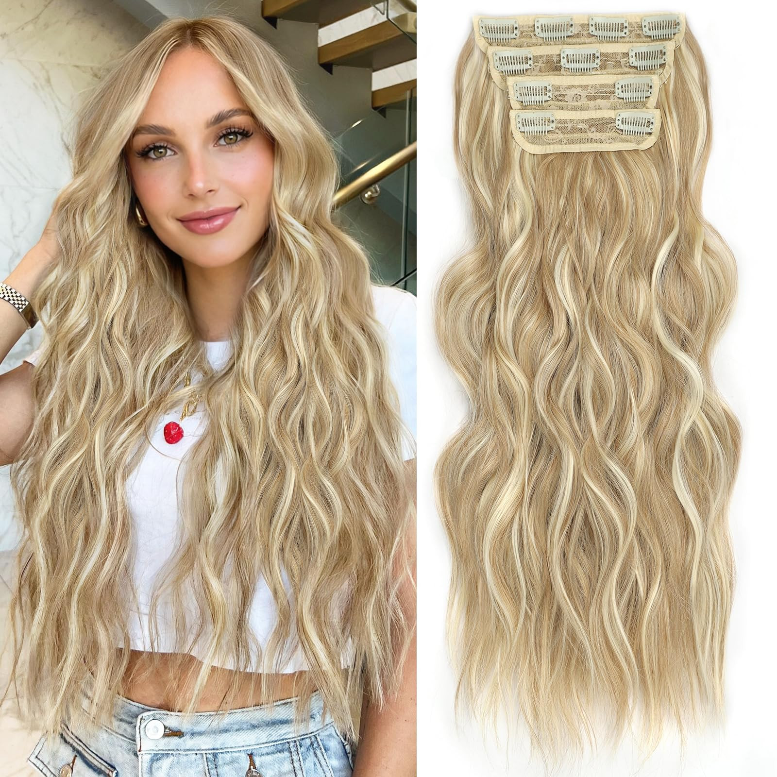 ALXNAN Clip in Long Wavy Synthetic Hair Extension 24 Inch Beach Blonde 4PCS Thick Hairpieces Fibe... | Amazon (US)