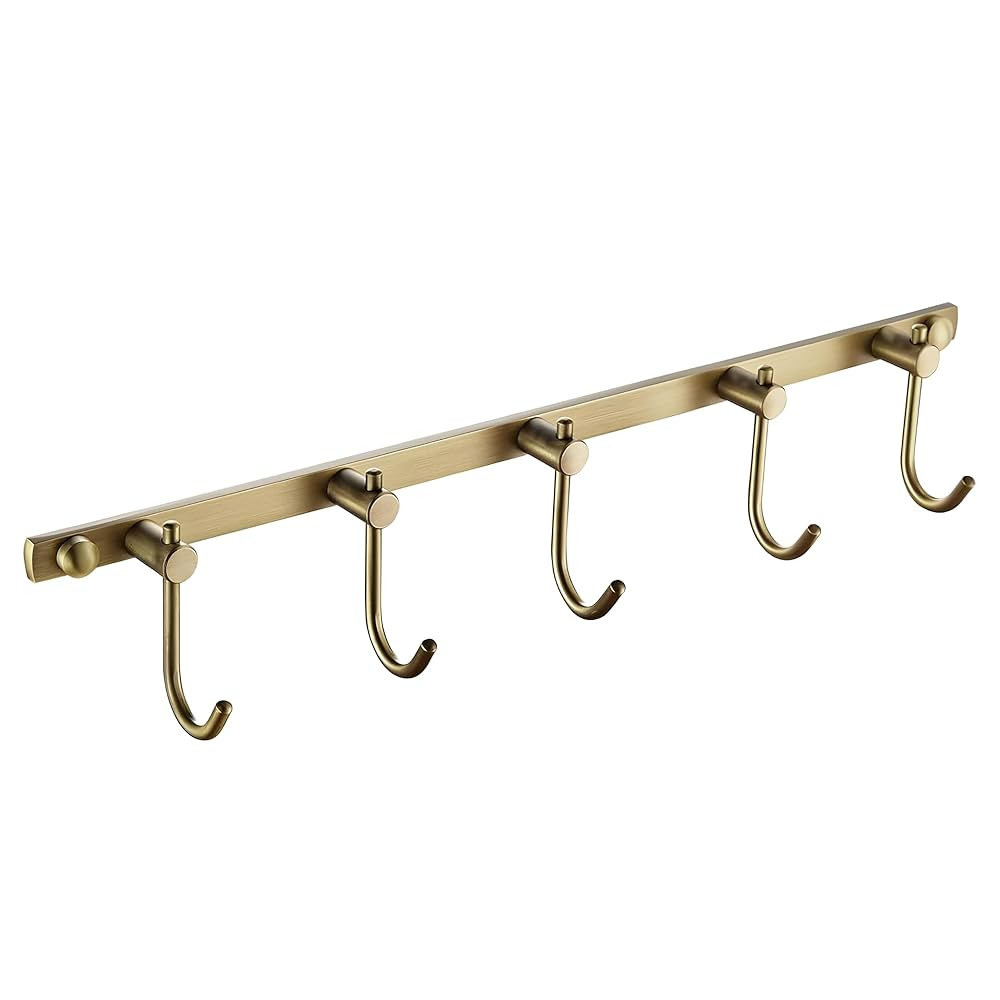 WINCASE Antique Brass Towel Hook, Brushed Brass Wall Hook Rail, 5 Hooks Antique Coat Hook Rail Ha... | Amazon (US)