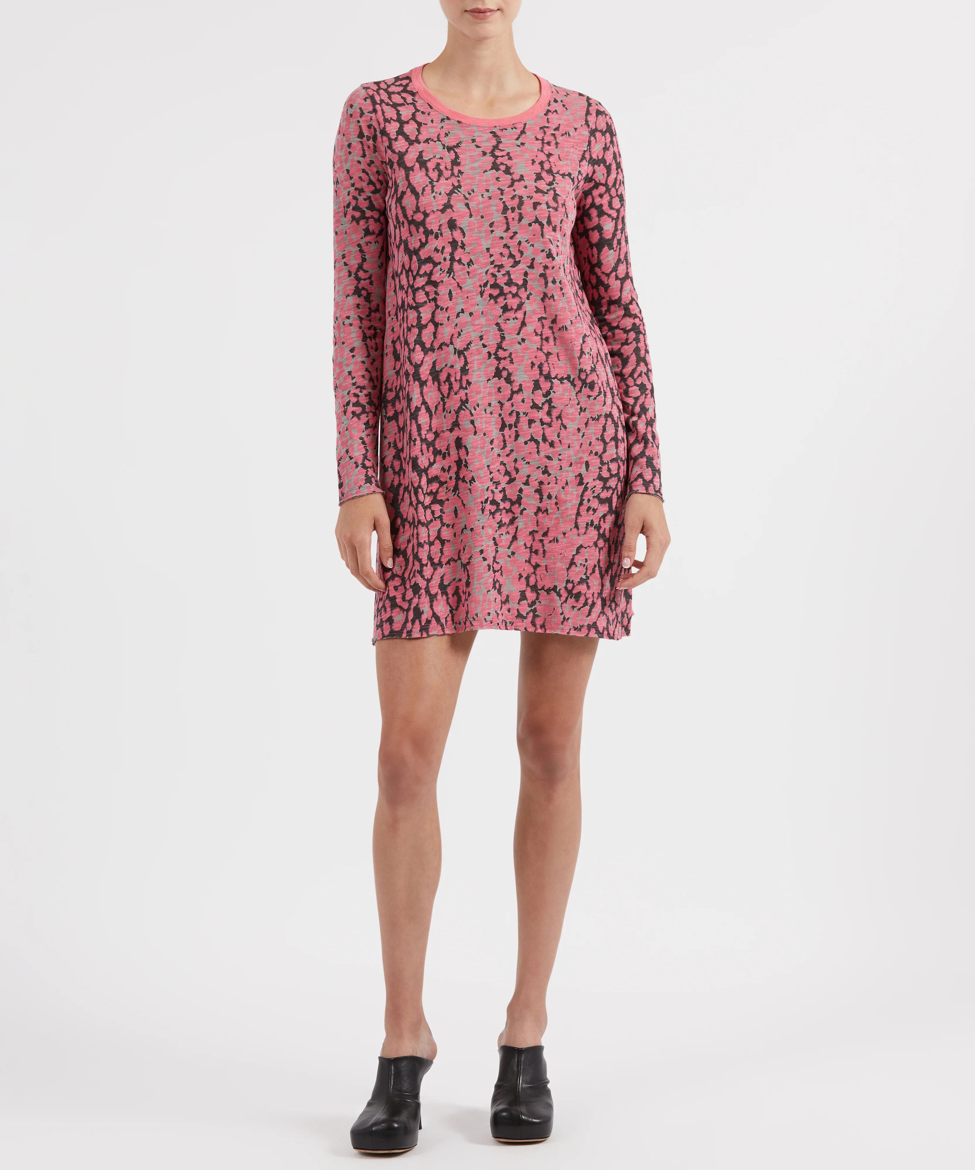 Slub Jersey Long Sleeve Destroyed A-Line Dress - Rose Quartz Leopard Print | ATM Collection