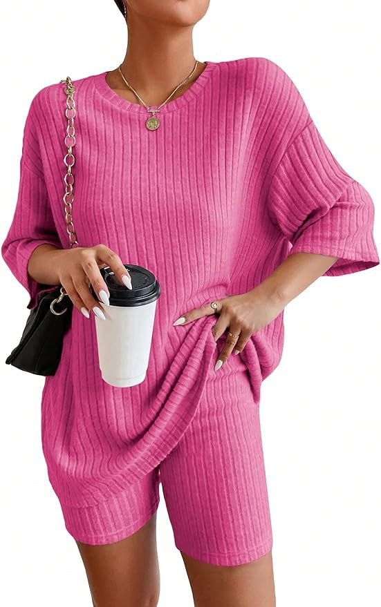 WDIRARA Women's 2 Piece Outfits Ribbed Short Sleeve Drop Shoulder Tee And Shorts Set | Amazon (US)