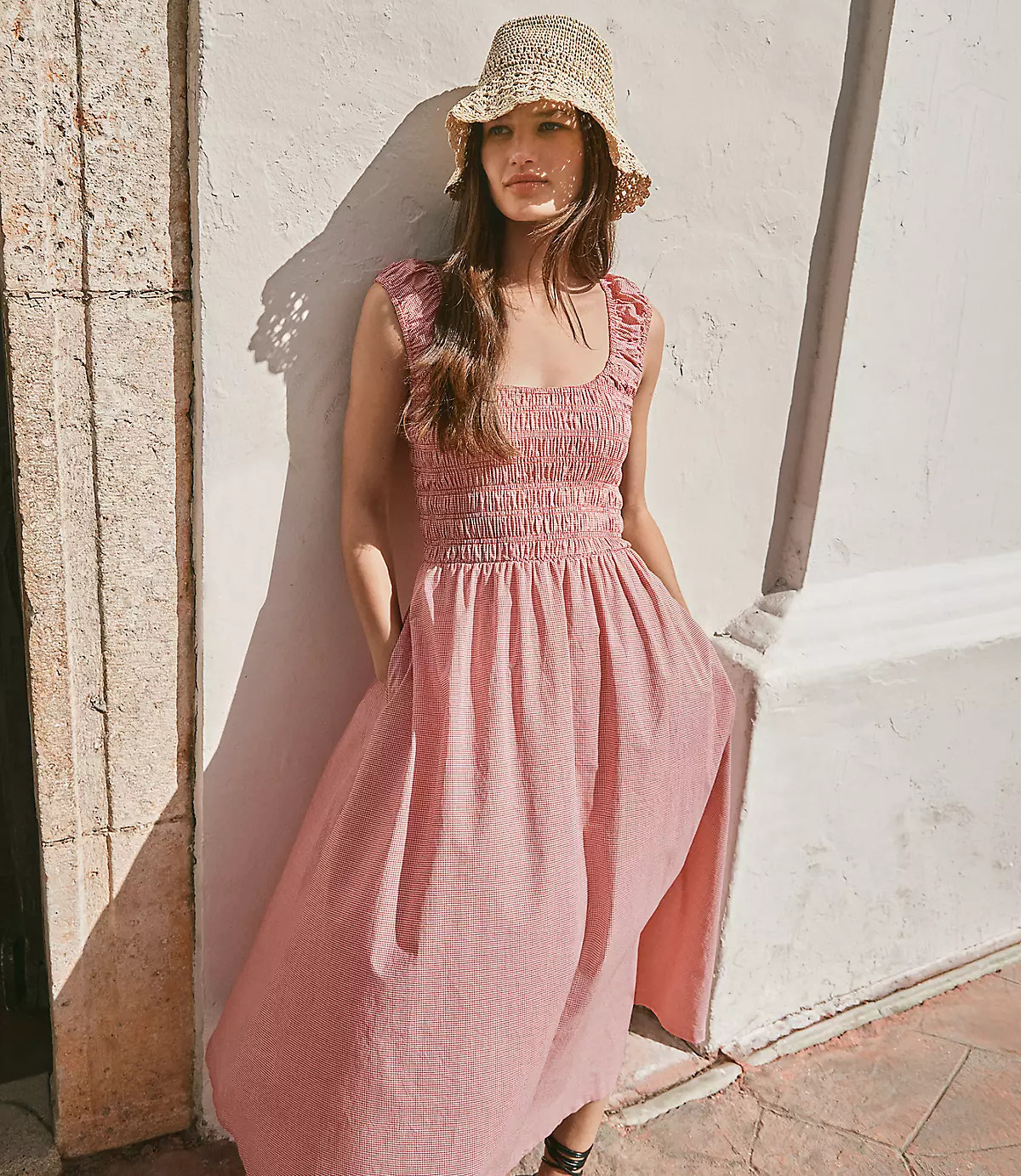 Gingham Smocked Cap Sleeve Midi Pocket Dress | LOFT