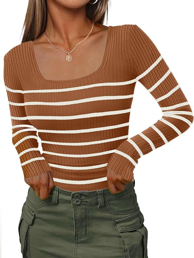 HOTOUCH Sweaters for Women Pullover Square Neck Long Sleeve Slim Fitted Ribbed Knit Basic Fashion... | Amazon (US)