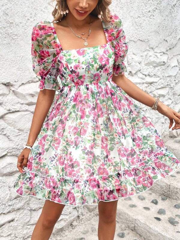 SHEIN VCAY Allover Floral Print Square Neck Puff Sleeve Ruffle Hem Organza Dress | SHEIN