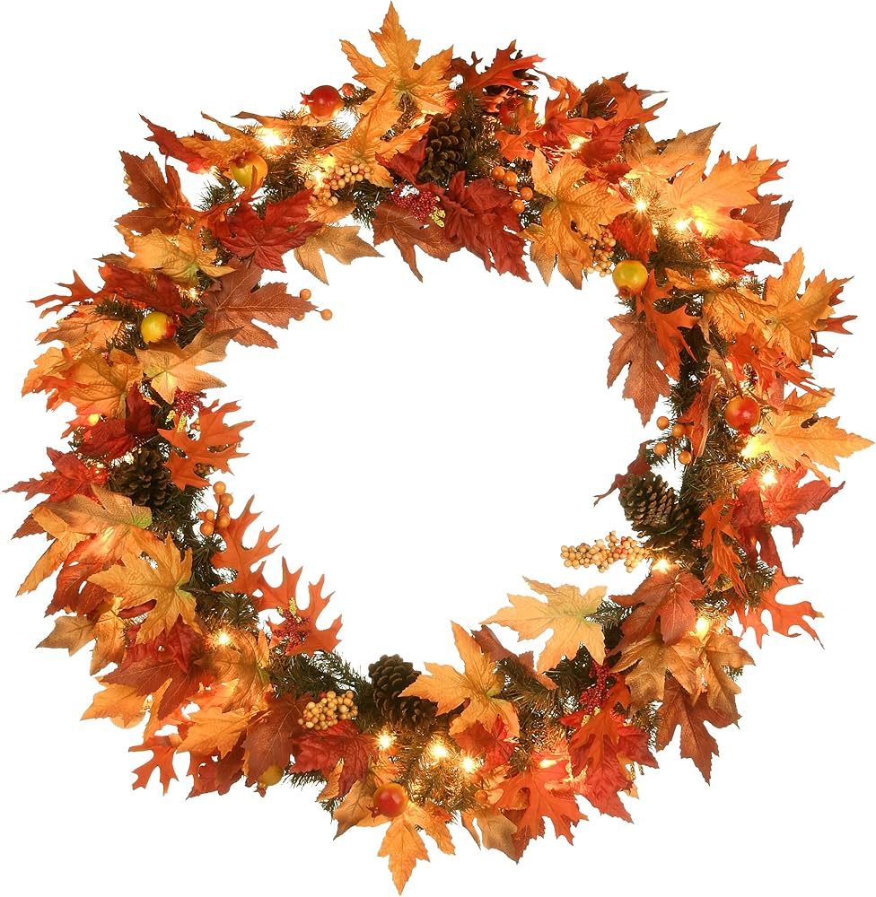 National Tree Company Pre-Lit Artificial Autumn Wreath, Decorated with Gourds, Pinecones, Maple L... | Amazon (US)