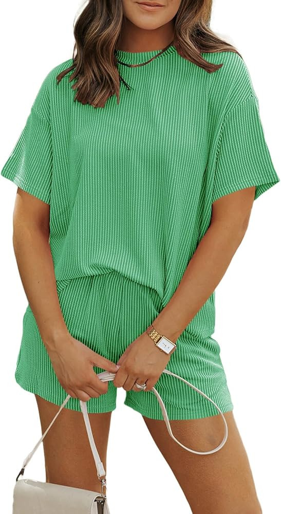 MARZXIN Women 2 Piece Shorts Set 2026 Casual Summer Cruise Outfits Ribbed Loose Short Sleeve Pock... | Amazon (US)