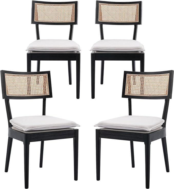 Rattan Farmhouse Dining Chairs Set of 4, Linen French Country Dining Chairs with Hollow Back, Dou... | Amazon (US)