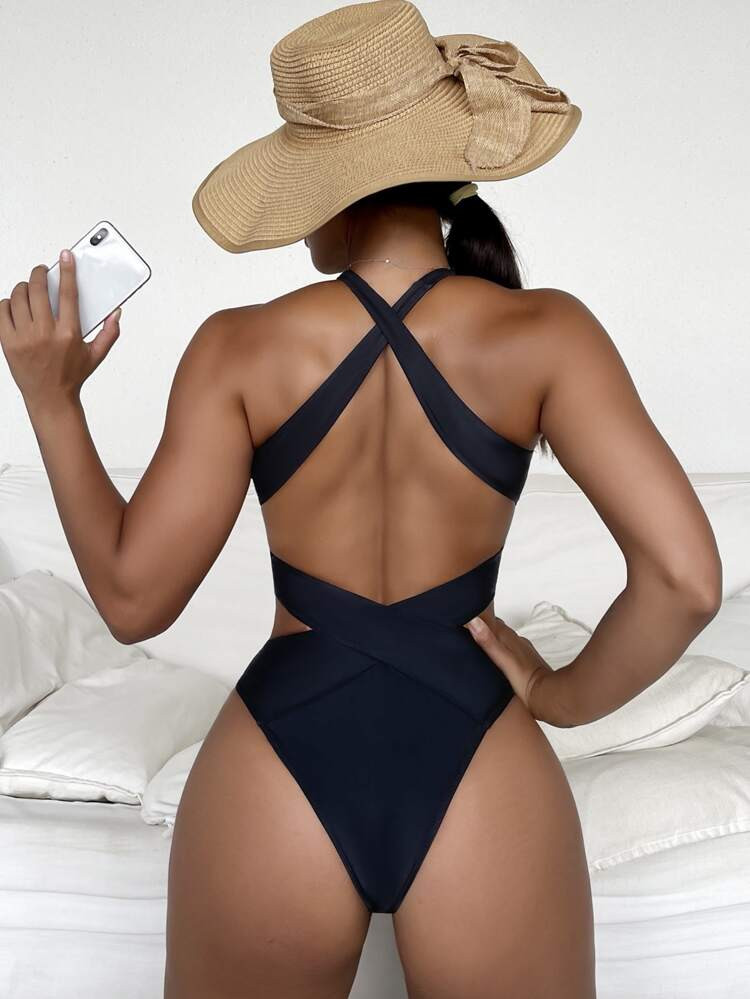 Criss Cross Halter Cut Out One Piece Swimsuit | SHEIN