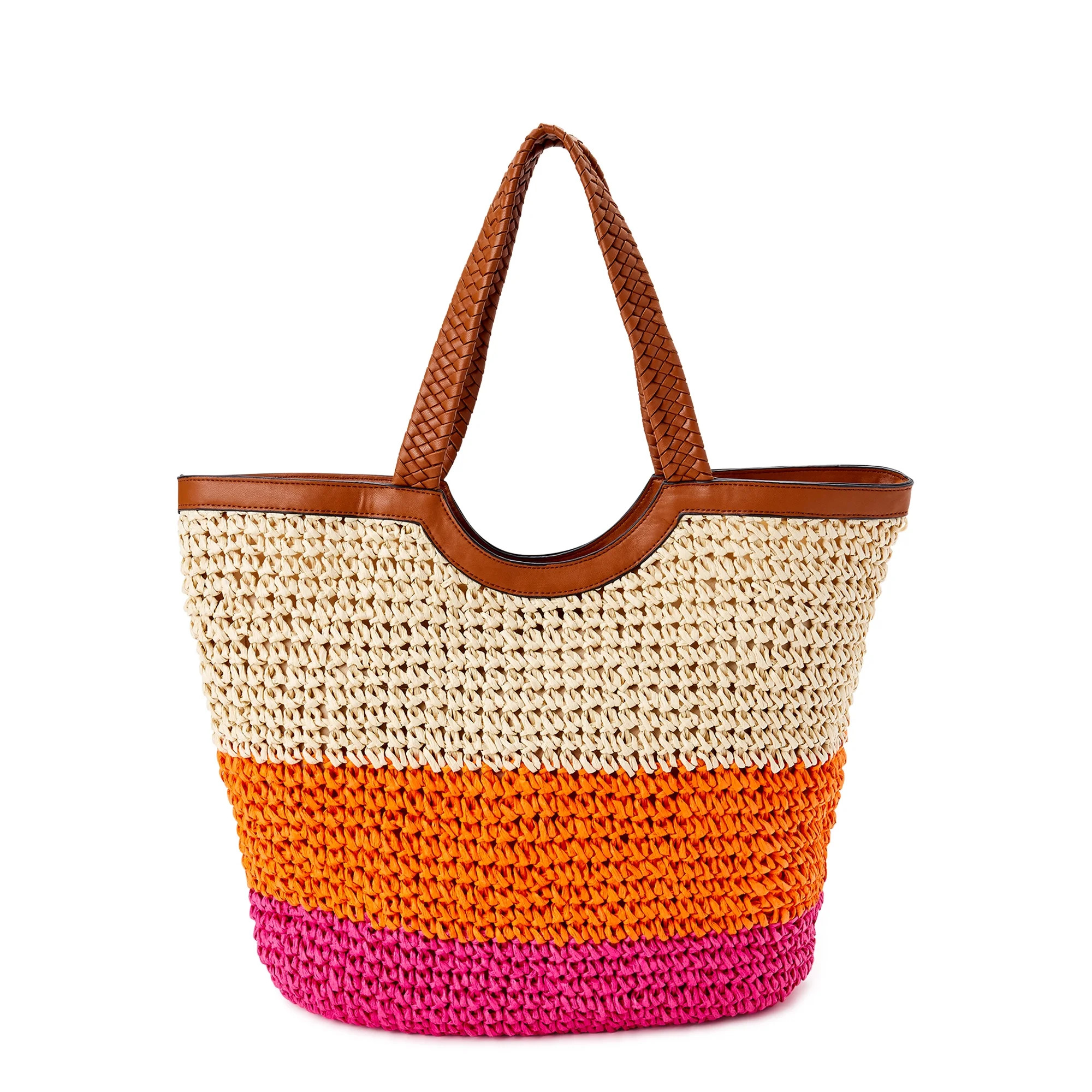 Time and Tru Extra Large Woven Straw Beach Travel Tote Bag | Walmart (US)