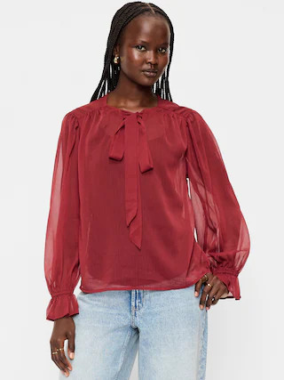 Long-Sleeve Chiffon Tie-Front Top | Old Navy (US)