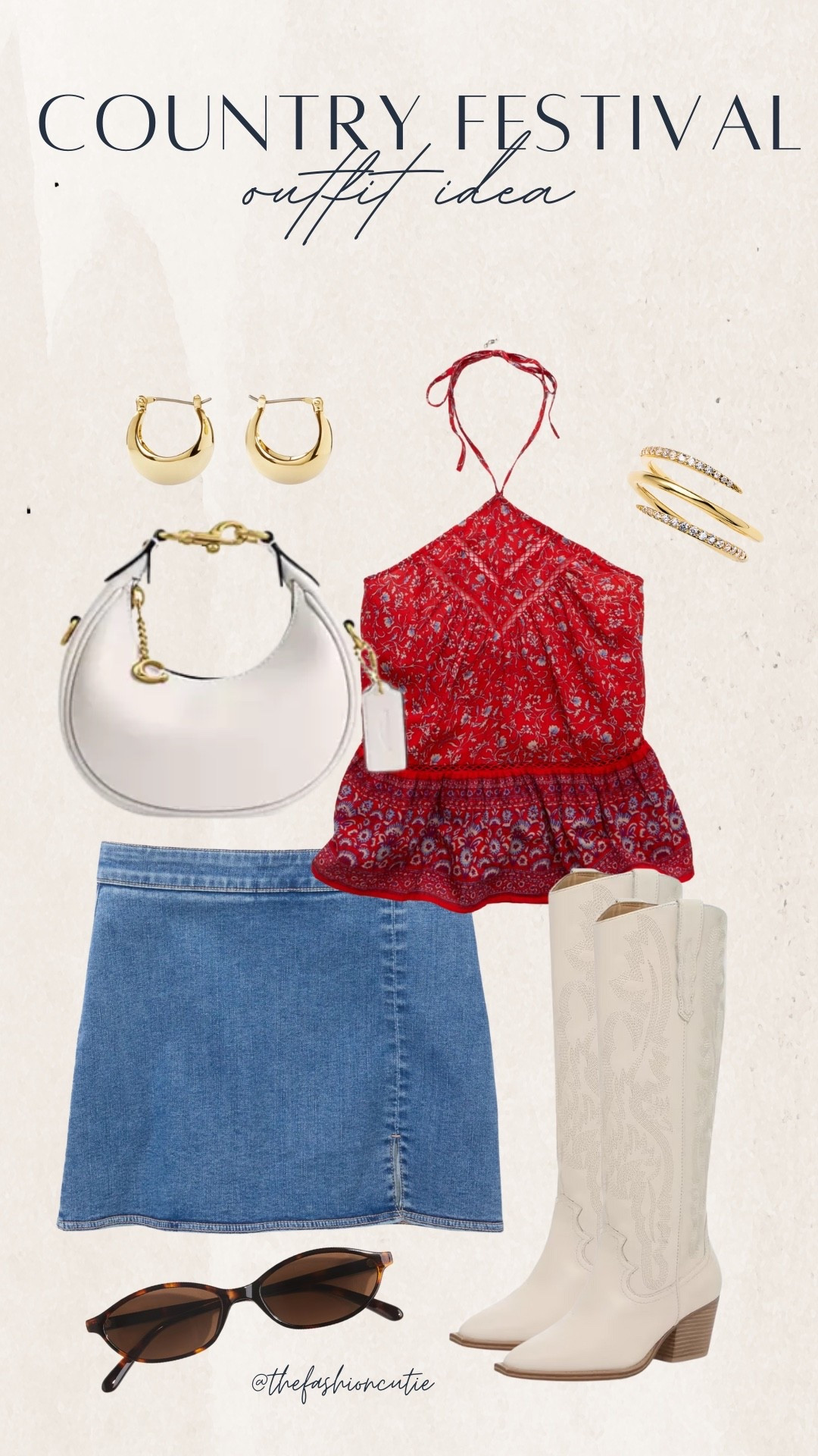 A red printed top, denim mini skirt, and  cowboy boots bring the fun to any summer festival. Add chunky hoops and you’re set for music, food, and golden hour pics.

#LTKShoeCrush #LTKStyleTip #LTKFindsUnder100