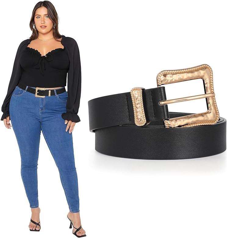 JASGOOD Plus Size Women's Leather Belt for Jeans Pants, Fashion Ladies Waist Belt with Gold Buckl... | Amazon (US)