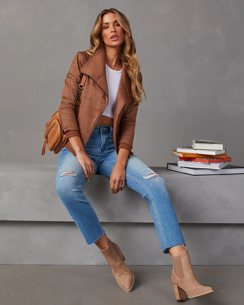 Slick Chick Coated Faux Leather Moto Jacket - Taupe | VICI
