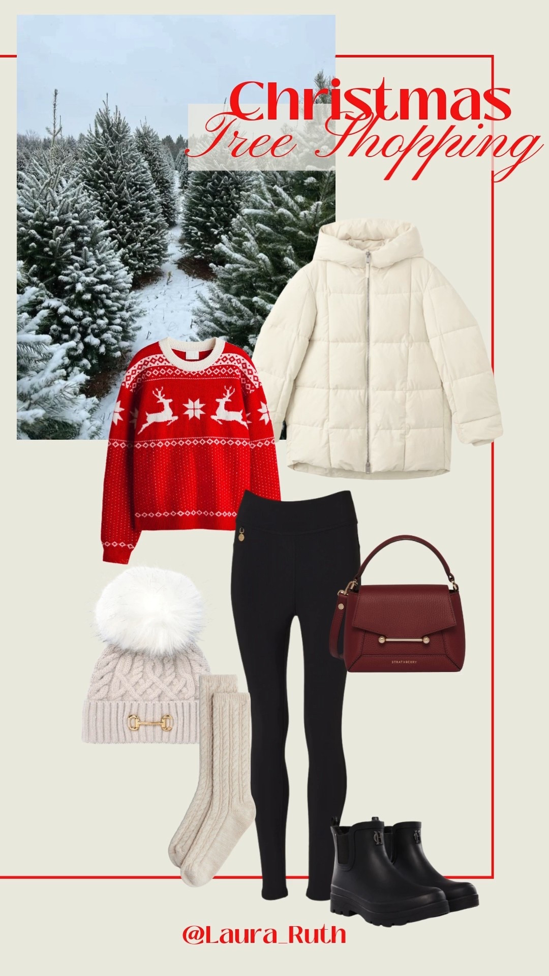 Christmas Tree Shopping outfit 🌲✨ Bundled up and festive for a day at the tree farm. A classic red Christmas jumper, warm leggings, and a cozy puffer make the perfect combo for staying comfy out in the snow. I added knit accessories, chunky socks, and waterproof boots so you’re ready for any winter weather. Finished with a deep red bag for that extra holiday touch. 🎄❄️🧣

#LTKuk #LTKfestive #LTKwinter