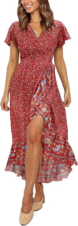 ZESICA Women's Summer Bohemian Floral Printed Wrap V Neck Beach Party Flowy Ruffle Midi Dress | Amazon (US)