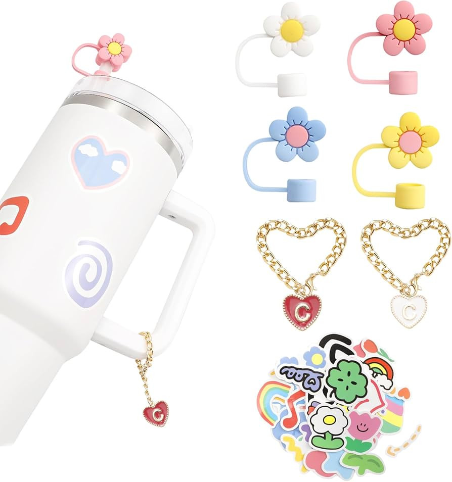 SANUIU 4Pcs Straw Cover for Stanley Cup 30/40oz, 0.4in Silicone Flower Straw Topper Accessories w... | Amazon (US)