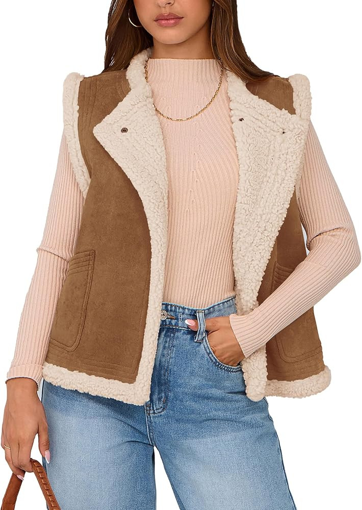 PRETTYGARDEN Women's Fall Fashion Faux Suede Vest Casual Sleeveless Button Down Fleece Sherpa Jac... | Amazon (US)