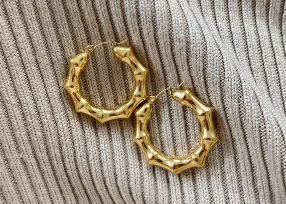 Gold Plated Bamboo Hoops. Chunky Gold Plated Bamboo Earrings. | Etsy UK | Etsy (UK)