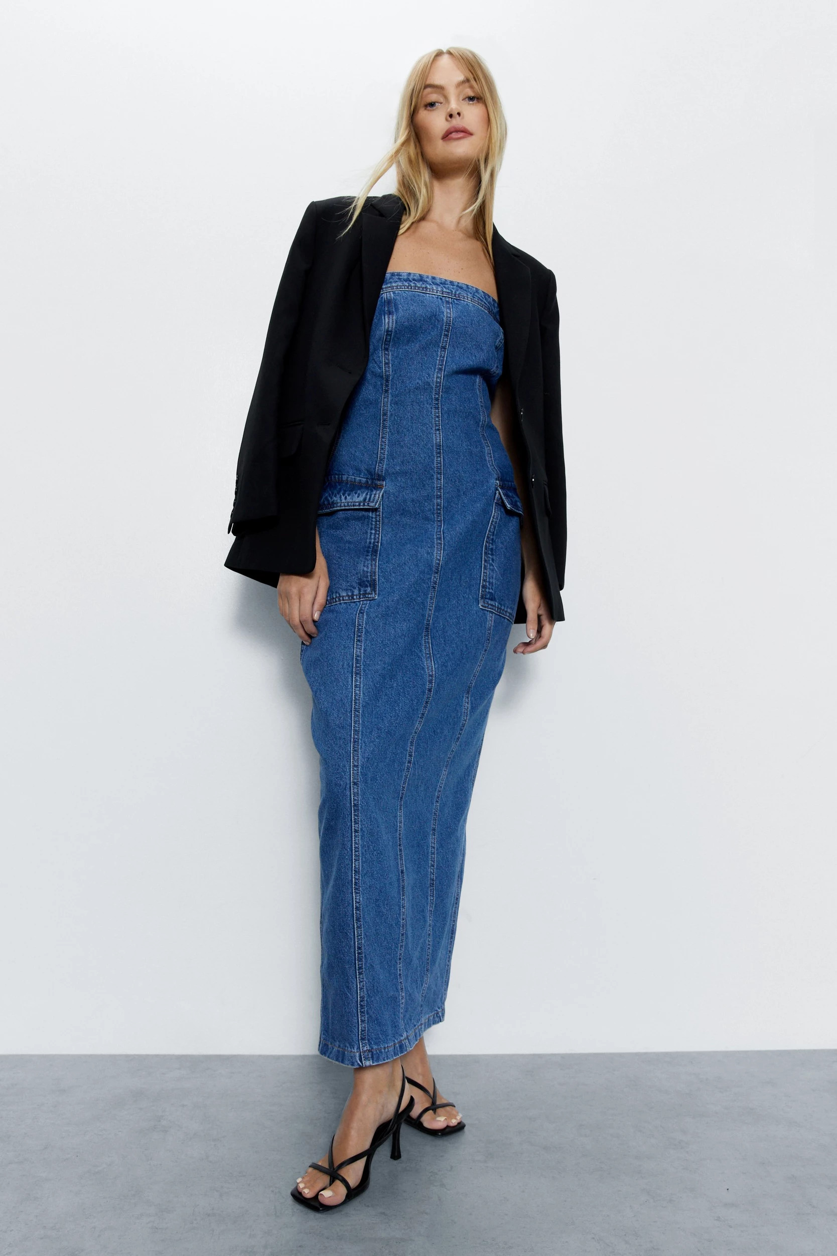 Bandeau Denim Cargo Maxi Dress | Warehouse UK & IE