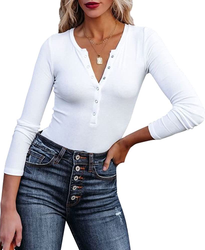 NATACATA Women's Long Sleeve Henley Shirts Ribbed Knit Crew Neck Button Up Slim Fitted Casual Fall T | Amazon (US)