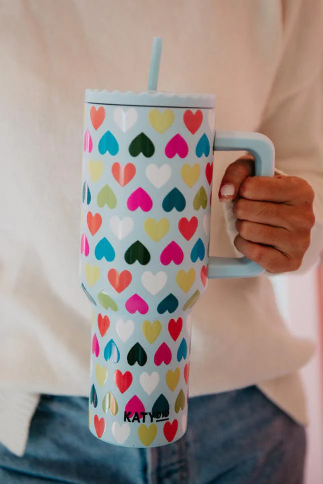 Multicolored Hearts Mint Tumbler Cup w/ Handle | Katydid.com