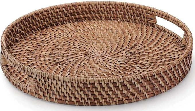 16.9 inch Rattan Tray, Round Wicker Tray with Cut-Out Handles, Woven Serving Tray for Dining/Coff... | Amazon (US)