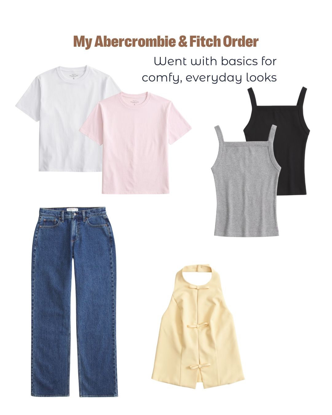My Abercrombie & Fitch order for spring! Ordered all the staples for everyday casual outfits and layering pieces including T-shirts , tank tops, a fancy trending yellow top and low-rise blue jeans. (May actually be my first pair since I was a teenager😅) 

#LTKStyleTip #LTKSpringSale #LTKSeasonal