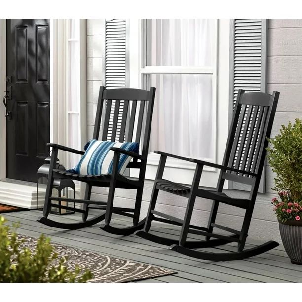 Mainstays Outdoor Wood Porch Rocking Chair, Black Color, Weather Resistant Finish | Walmart (US)