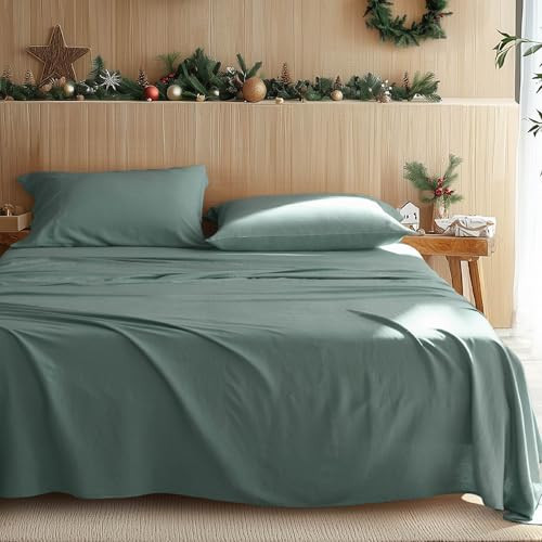 Bedsure Cooling Sheets for Hot Sleeper, Blend of Rayon Derived from Bamboo Linen Sheets, Up to 15 Inches Deep Pockets, Ultra Soft, Breathable & Silky Bedsheets for Night Sweats - Green | Amazon (US)