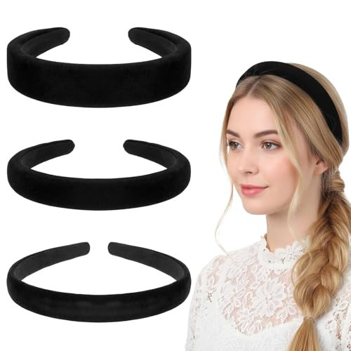LXUEJIE 3 Pcs Black Headbands for Women, Velvet Padded Hairbands Fashion Solid Head Bands Satin Wide Hairband Christmas Gifts for Women Girls(3) | Amazon (US)