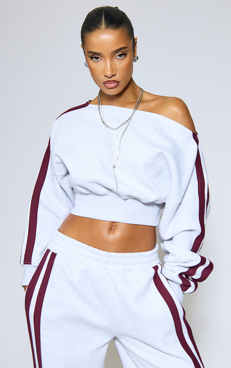 Off The Shoulder Long Sleeve Side Stripe Detail Sweatshirt In Light Grey Marl | EGO (UK)