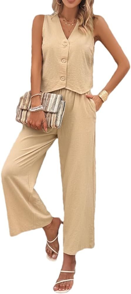 Zontroldy Women's Summer Linen Two Piece Outfits Button Down Vest and Long Pants with Pockets | Amazon (US)