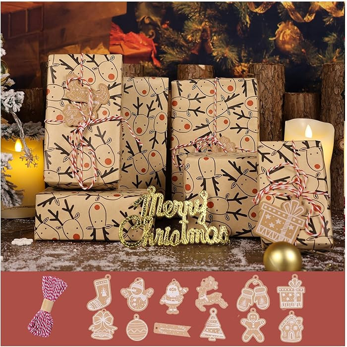 ZY-HUAN Christmas Wrapping Paper 1 Roll Kraft Wrapping Paper With Ribbon, Gift Tags, Vintage Xmas... | Amazon (US)