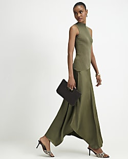 Khaki Hybrid Satin Knit Asymmetric Hem Dress | River Island UK & IE