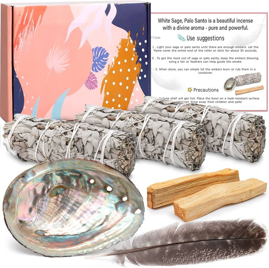 Amzeeniu Weisser Salbei 3 Bündel10,2cm und 2 Palo Santo10cm Lange Abalone-Muschel 11cm,Feder Rä... | Amazon (DE)