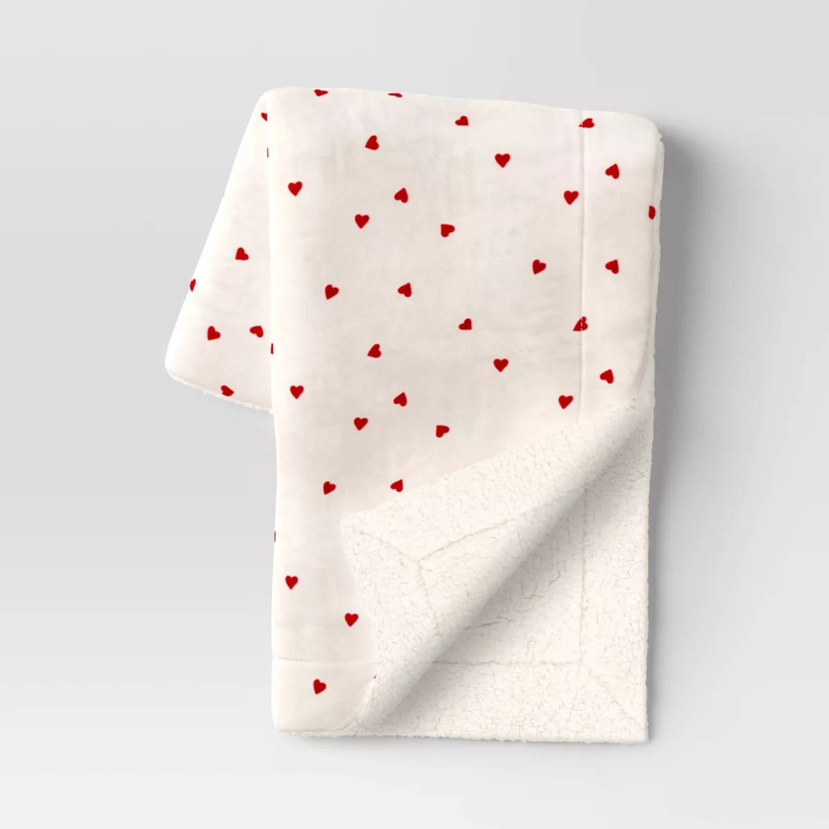 Printed Plush Mini Hearts Throw Blanket with Faux Shearling Reverse Ivory/Red - Threshold™ | Target