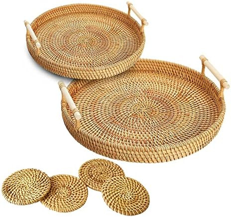 2 PCS Round Tray with 4 PCS Coasters , Rattan Tray with Handles , Wicker Tray , Woven Tray , Boho Tr | Amazon (US)