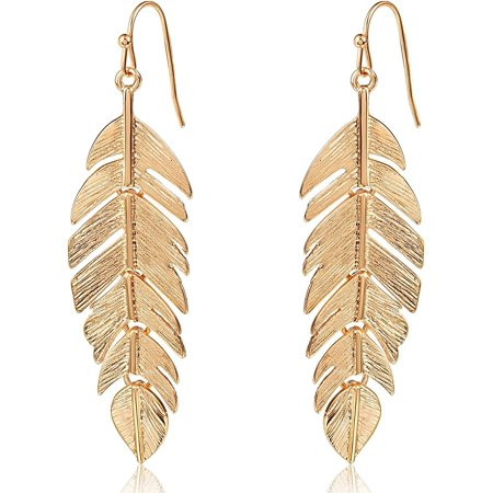 Floating Feathers Dangle Earrings - Long Hanging Metal Link Leaf Drops Feather - Gold | Walmart (US)