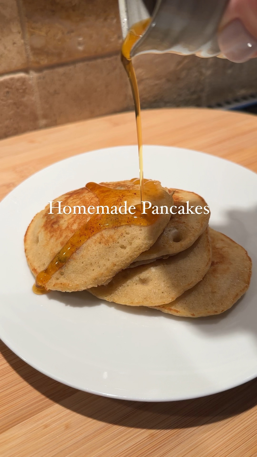 Homemade Pancakes (@alwaysfeedingtheruths recipe)

Here’s what you’ll need:
3/4 cup milk
2 tbs white vinegar
1 cup flour
2 tbs sugar
1/2 tsp baking soda
1/2 tsp baking powder
1 tsp salt
1 egg
2 tbs melted butter
Splash of vanilla extract

Here’s how you make it: 
Start with mixing the vinegar and milk together and let sit for 5min in a medium sized measuring cup.
Whisk the flour, sugar, baking powder, baking soda, and salt together in a small bowl.
Add the egg, butter and vanilla to the milk mixture. Then slowly stir in the flour. Whisk until well combined.
Heat a pan with butter. 
Pour pancake batter into pan and wait until bubbles stop, then flip. 
If desired, add fresh blueberries or bananas to the pancakes once you pour the batter. 

Top with maple syrup and enjoy! 