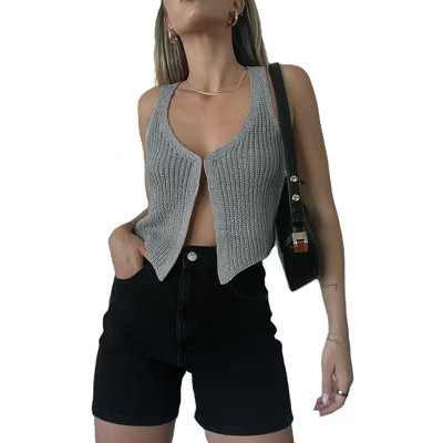 Womens Summer Vest Tank Top Knit Sweater Sleevless Cardigan Hook U Ncek Rib Crochet Cropped Front | Target