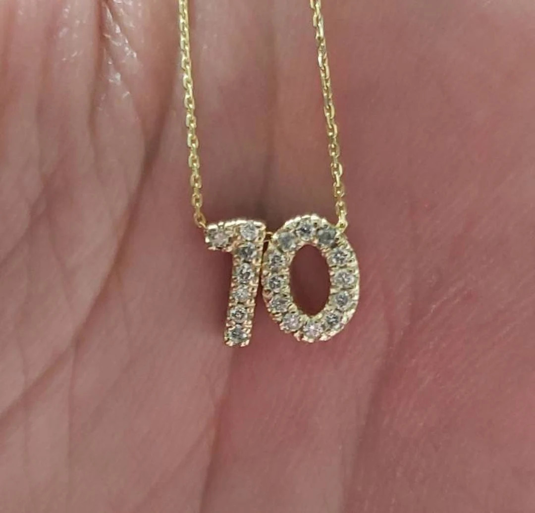 2 Numbers 14Kt Gold Diamond Number Necklace, Number Pendant, Real Natural Diamond Necklace, Solid... | Etsy (US)