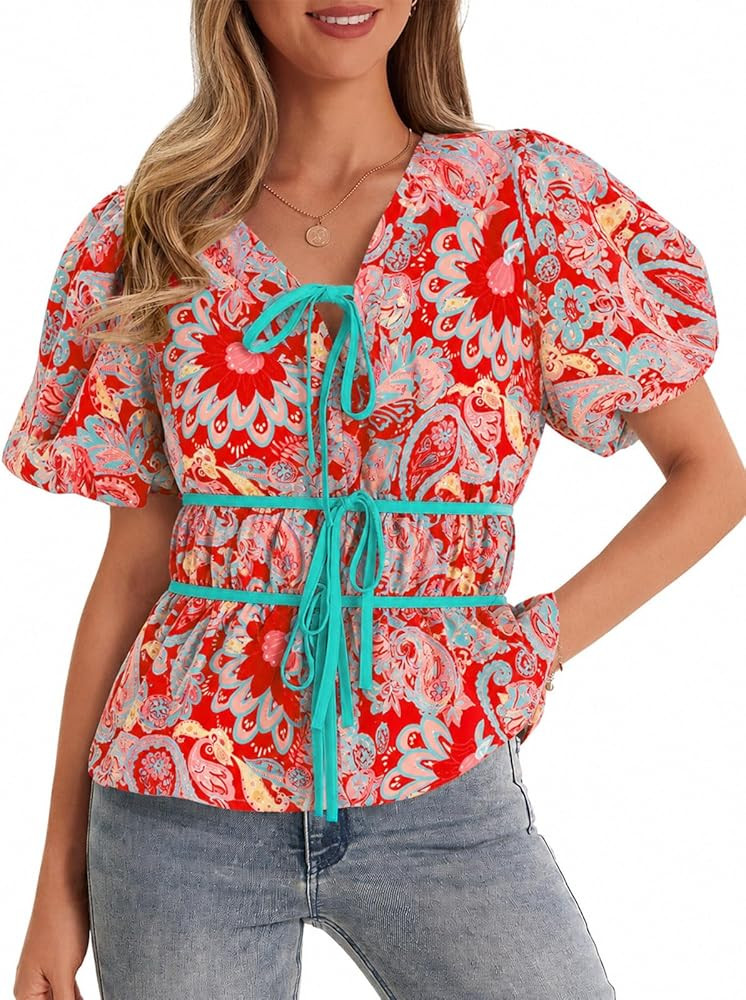 Cicy Bell Womens Puff Sleeve Tie Front Tops Summer Babydoll Peplum V Neck Blouse Casual Dressy Pl... | Amazon (US)